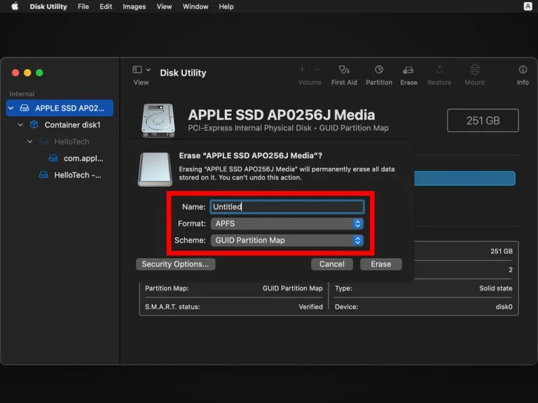 On systems with a non T2 intel CPU, simply power on your system and as soon as you see the Apple logo, hold down ‘command’ and ‘R’ key at the same time until the system restarts. Once it restarts, you can release those keys. It will boot into the recovery environment where you can select the ‘disk utility’. In there, highlight your disk (top container) and hit erase. Once done you can shut down.