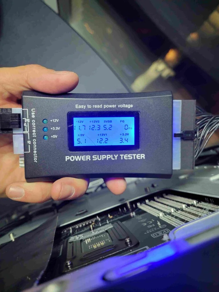 If you don’t get any power at all, then check the power switch wire and make sure it has been connected properly to the logic board. Also, check the total amount of wattage your system requires to run and compare that with your PSU wattage. PSU wattage calculators like newegg power supply calculator should help you. Also, make sure you have connected all the extra power rails to the logic board and GPU as well as once again make sure there are no studs or other metal parts underneath your logic board that could cause a short. Also, check the power supply readings with a tester. These testers can be found for cheap on Amazon and can point out failures that would otherwise go undetected. A bad PG value, for instance, can confuse a lot of people and cause all kinds of weird issues. We have seen PSUs that were faulty even if new.