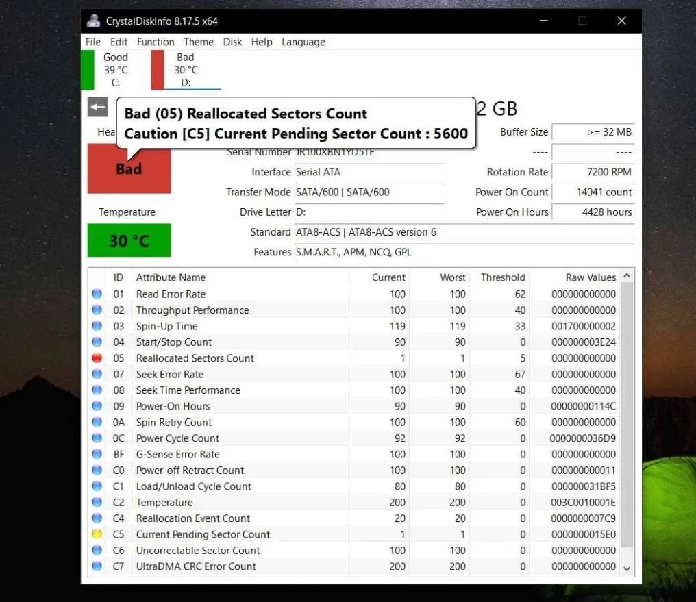 Numerous third-party tools are available for download, such as the ones already mentioned in this article. Most hard drive vendors will also provide free tools that are capable of reading S.M.A.R.T. data and even real-time monitoring and alerting. If real-time monitoring and alerting aren’t available, testing the hard drive regularly is a great practice to avoid complete drive failure. For instance, the image below shows a failing drive, for which we used Crystal Disk Info to interpret S.M.A.R.T. data before it became completely inaccessible.