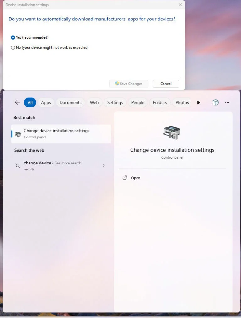 For systems experiencing graphics problems, manual driver management often provides better stability and control. Switching from automatic driver installation to manual is easy. Type “change device installation settings” in your search and select “no” on the pop-up screen.