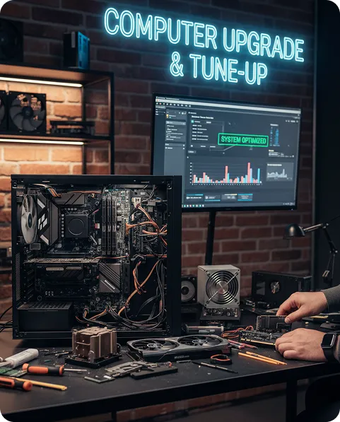We upgrade key components such as storage, memory, graphics, or cooling to improve speed, stability, and compatibility with demanding applications or games. Most upgrades are completed onsite within a short visit, helping you extend the life of your computer without the cost of a full replacement.
