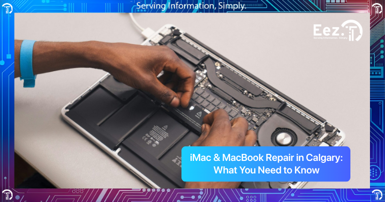 Technician repairing internal components of a MacBook, carefully handling the battery during iMac & MacBook repair in Calgary by Eezit.ca.