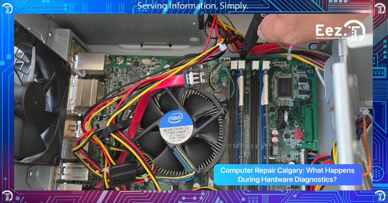 Computer Repair Calgary technician performing hardware diagnostics on desktop computer to detect overheating and failing internal components