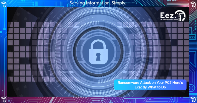 Ransomware Attack on Your PC showing locked computer files, warning screen, and cybersecurity recovery process on infected desktop system