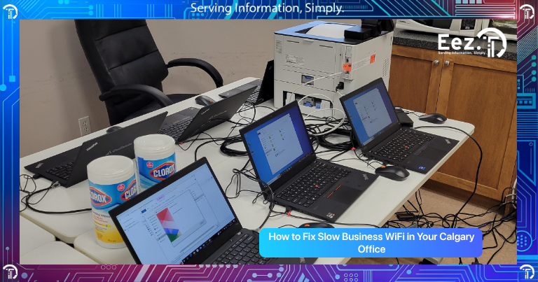 How to fix slow business WiFi in Calgary office showing technician optimizing router, improving signal strength, and stabilizing network connection