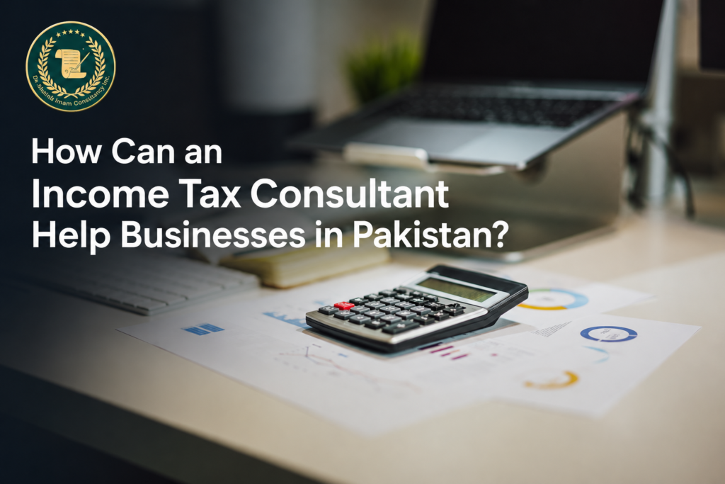 Income tax consultant in Pakistan reviewing business tax records, withholding tax, ATL status, and FBR compliance documents